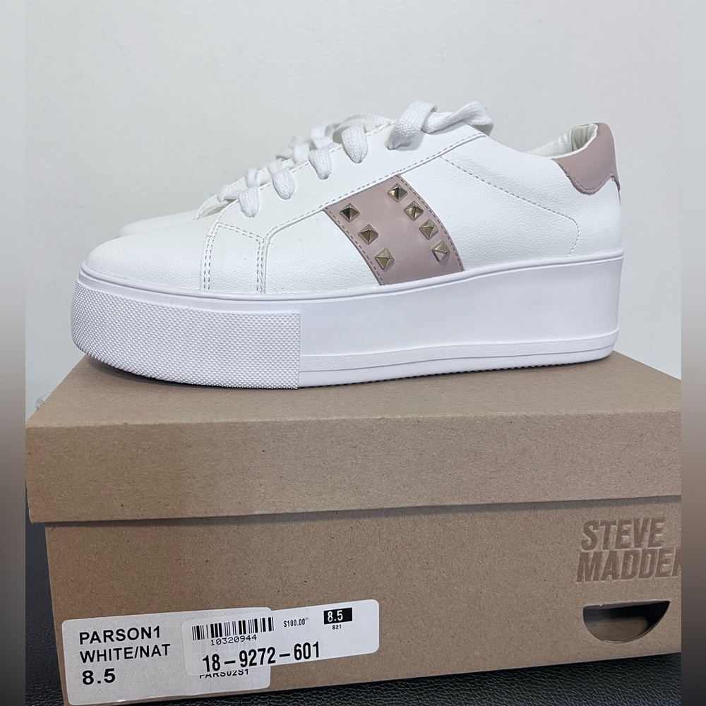 Steve Madden Women's White and Pink Studded Platform Sneakers